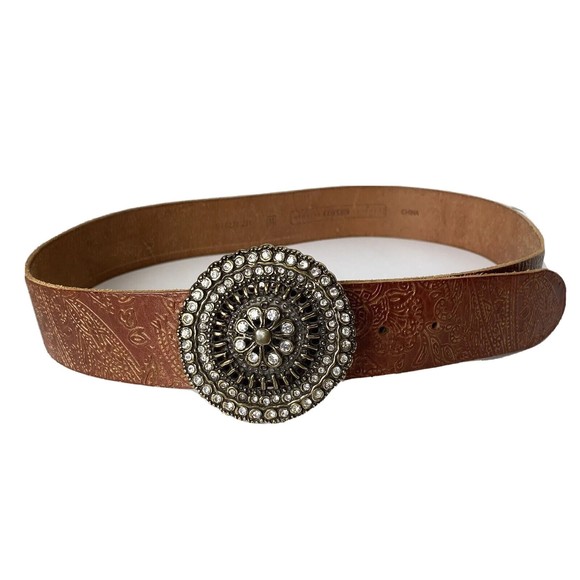 Fossil Womens Brown Gold Leather Tooled Belt Brass Floral Medallion Buckle sz M - Picture 2 of 12